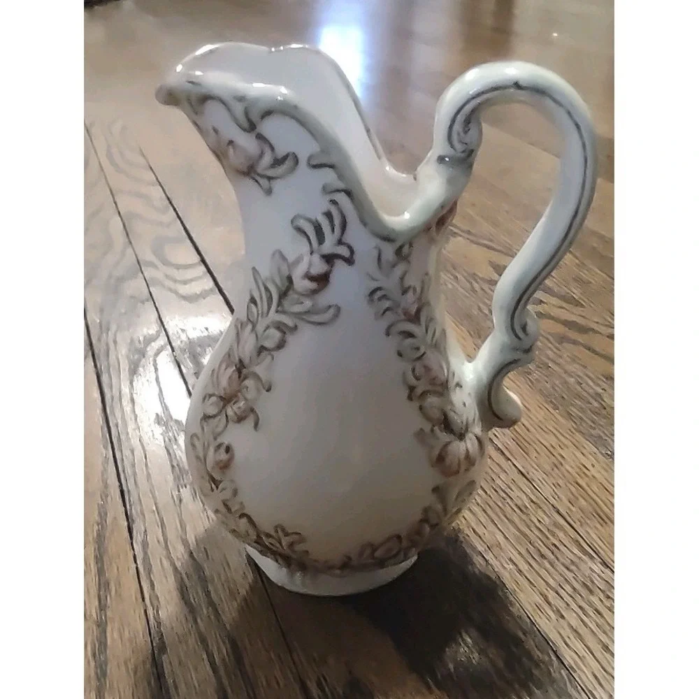 Vintage Ceramic Floral Pitcher Embossed Pink Roses White Bud Vase Creamer